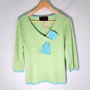 NWT ADIEU By Philip & Jane Gordon Green Striped V-neck Bow Soft Top Size M